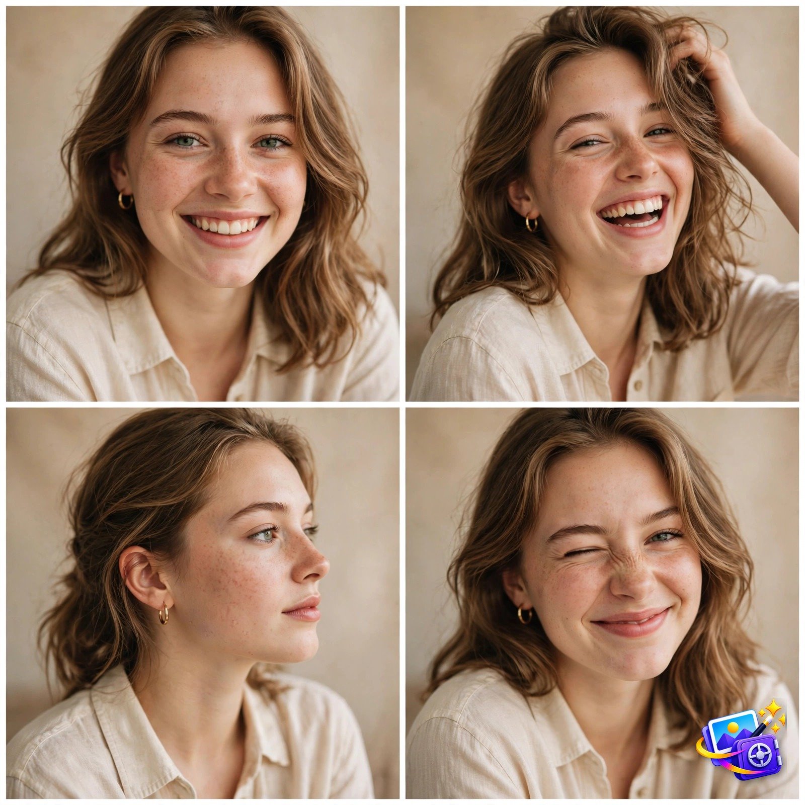 Four-pose photo collage grid of the same woman, created with trending AI portrait prompts