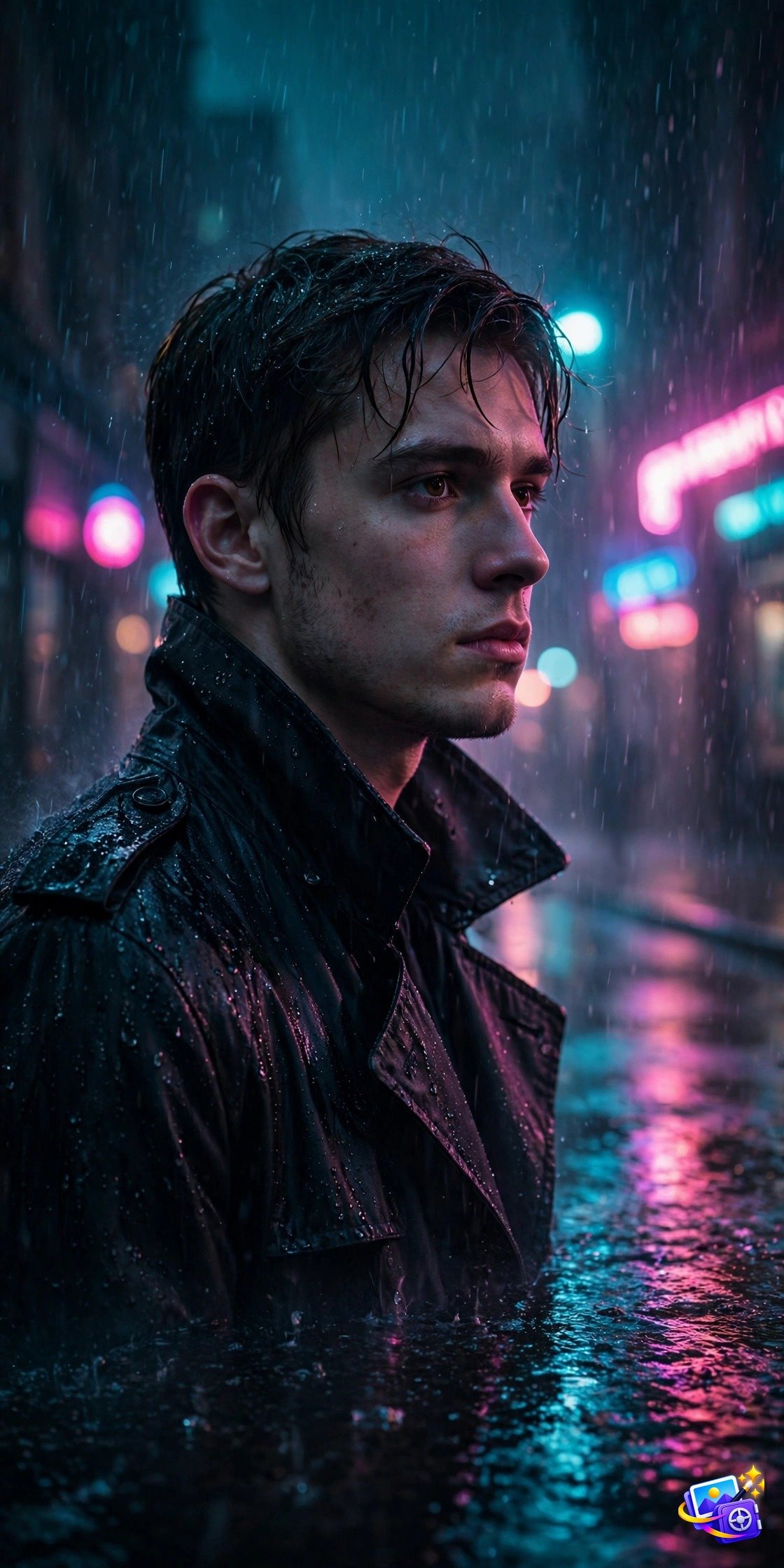 Man in a trench coat on a rainy neon-lit street, created with trending AI portrait prompts