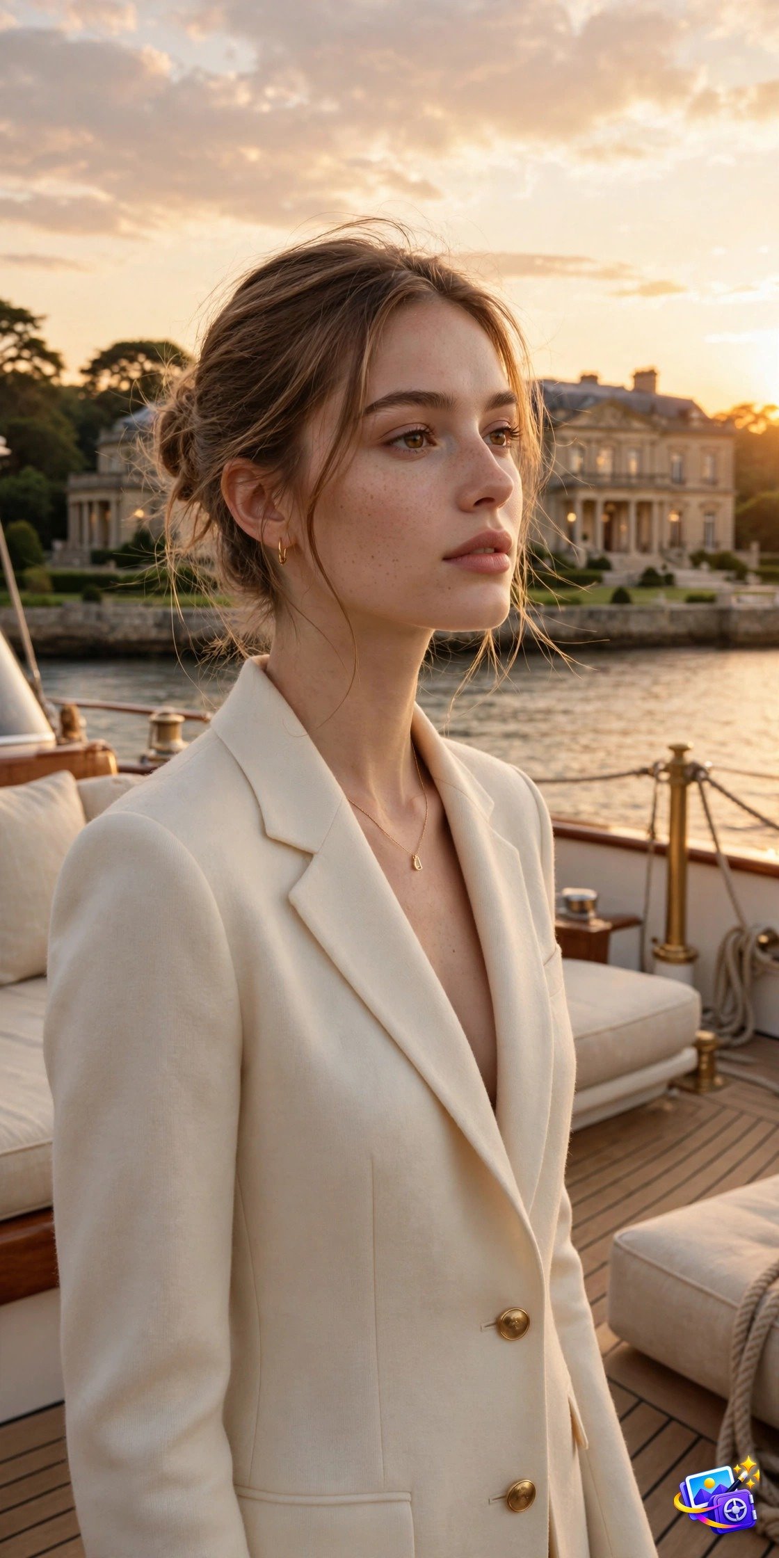 Woman in a cream blazer on a luxury yacht deck at sunset, created with trending AI portrait prompts