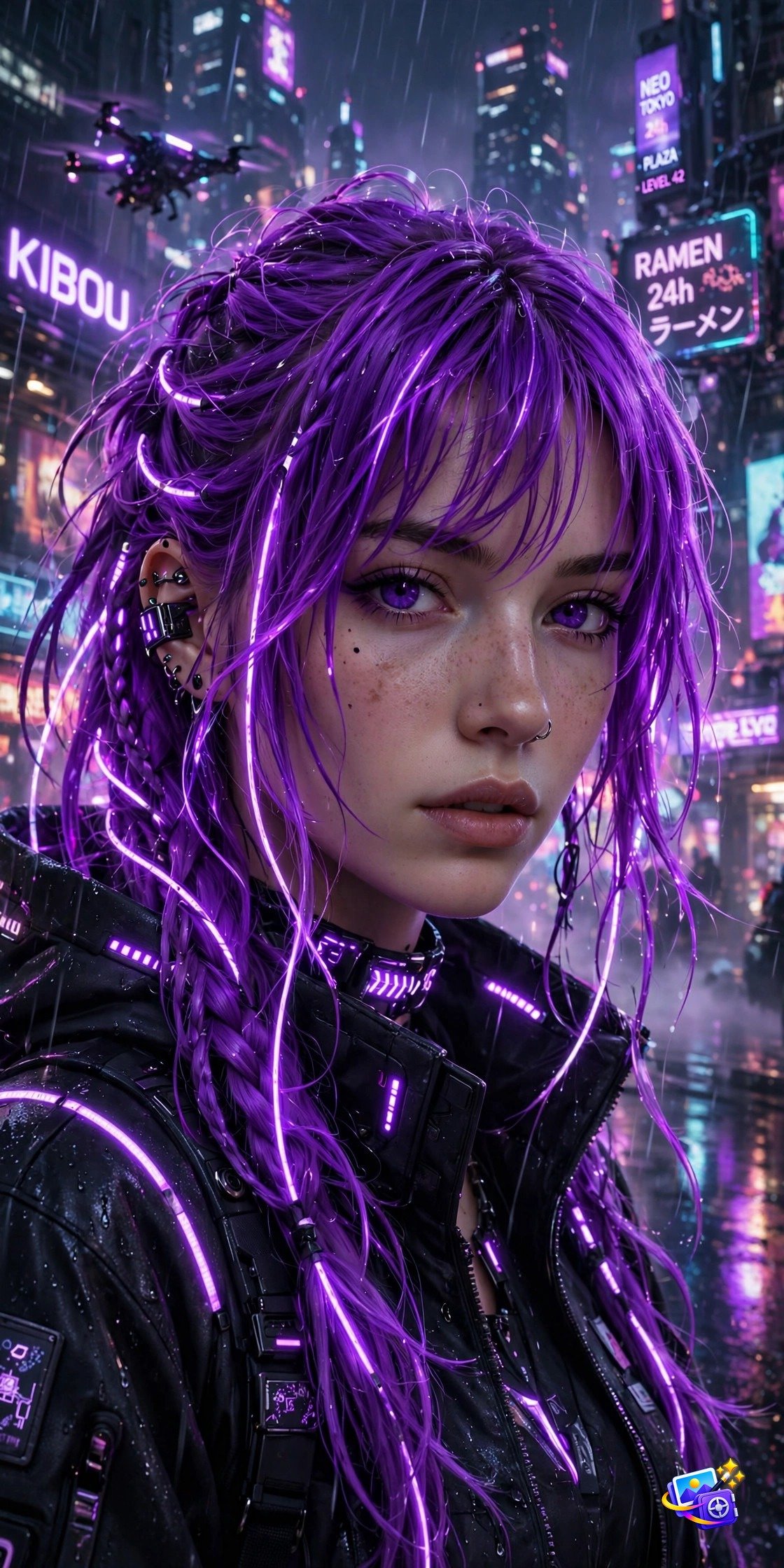 Cyberpunk girl portrait example from our Midjourney image prompts for girls collection