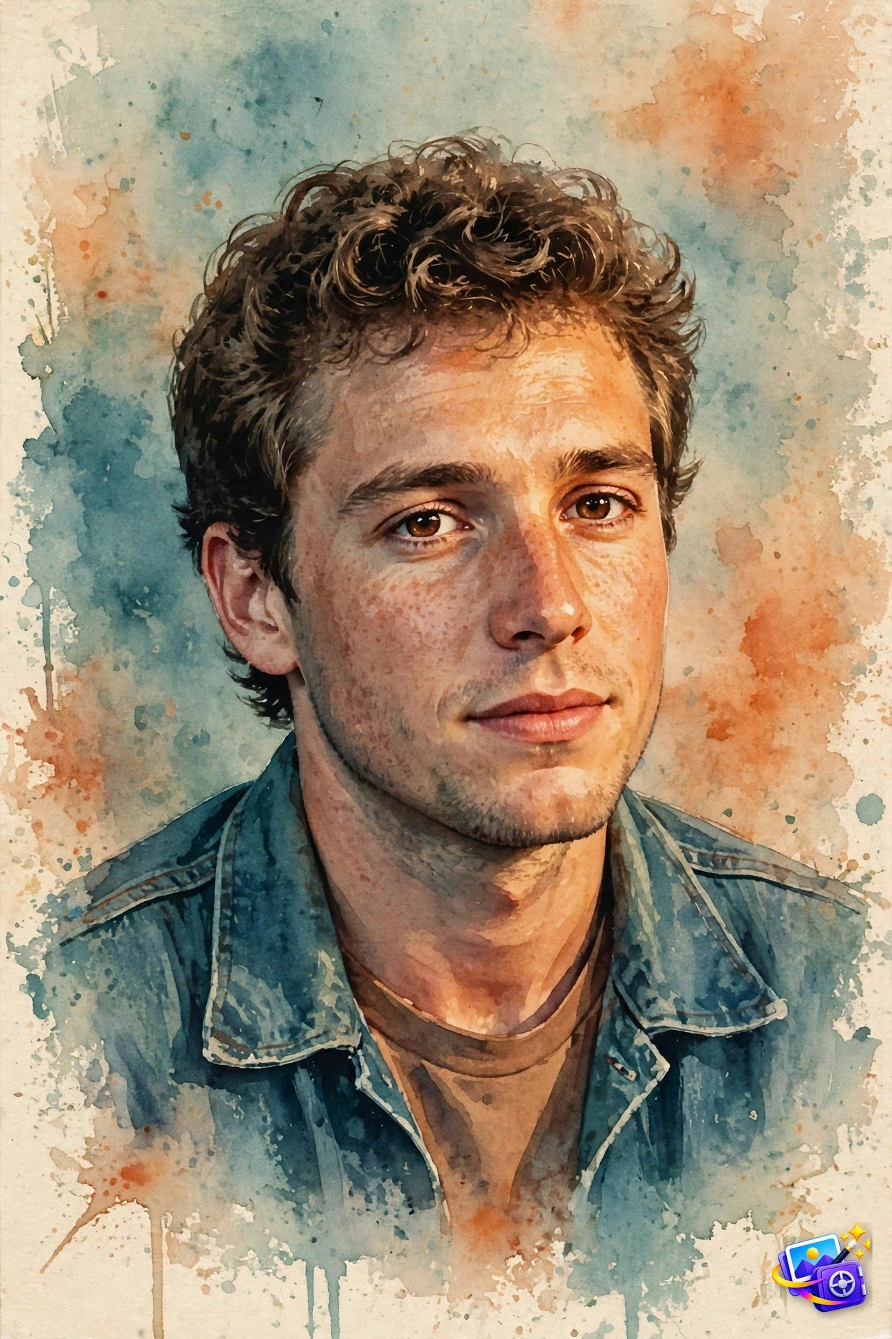 80s retro style watercolor portrait of a young man in faded orange and teal tones