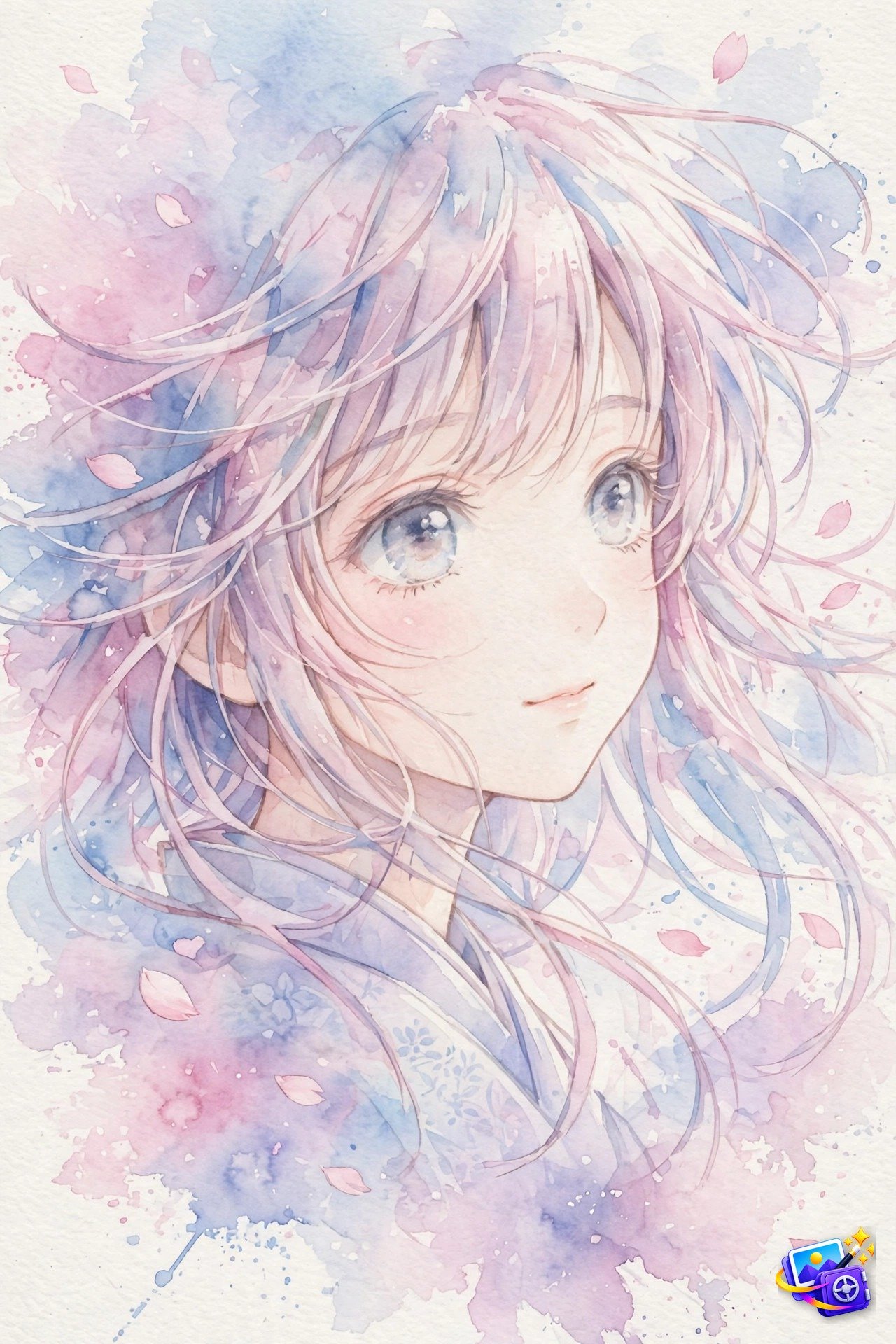 Dreamy anime style watercolor portrait of a girl with pastel washes and cherry blossoms