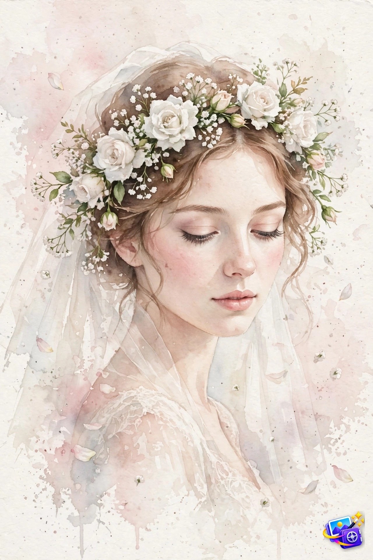 Soft bridal watercolor portrait with white rose floral crown and blush washes