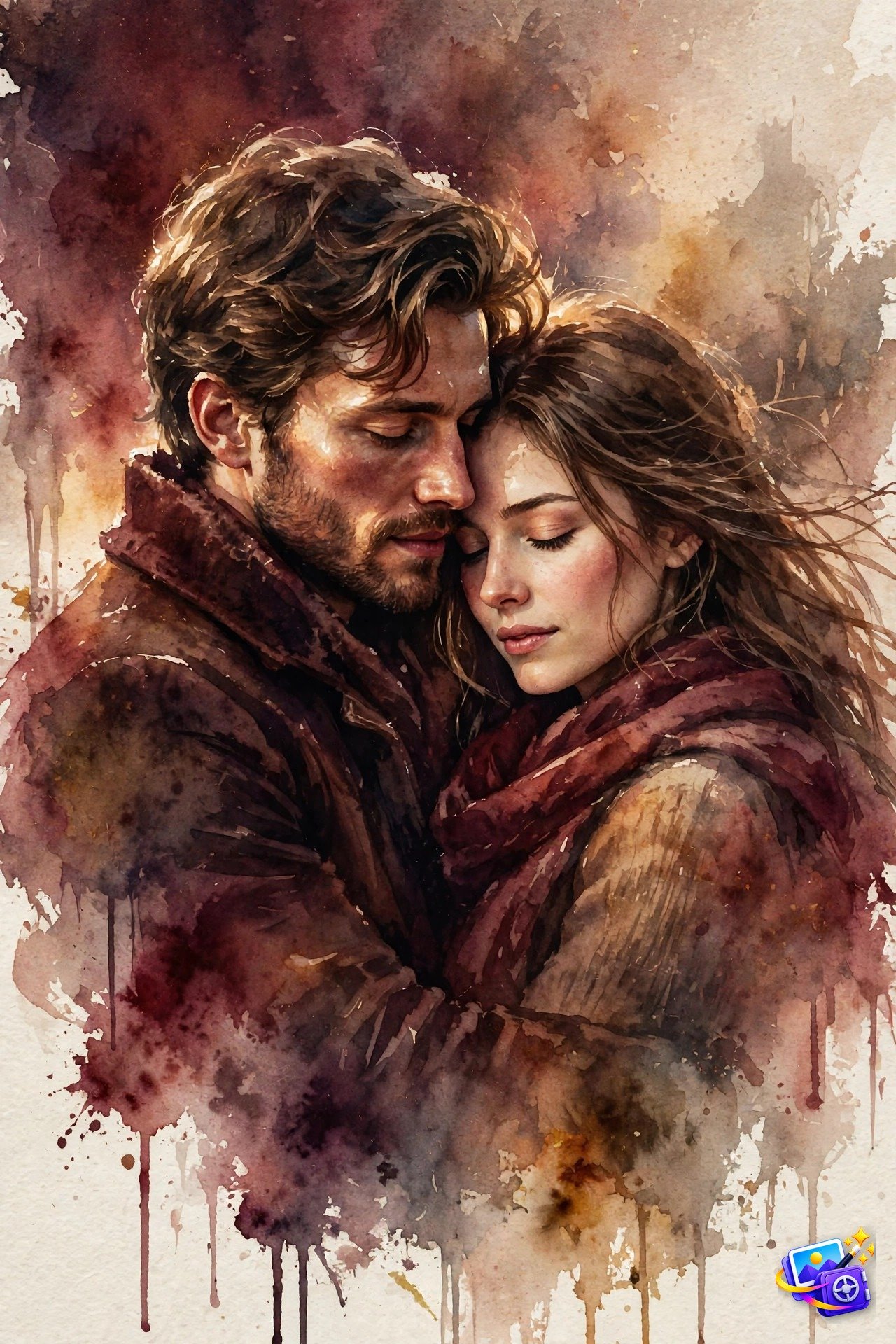 Cinematic watercolor portrait of a romantic couple embracing in burgundy and umber washes