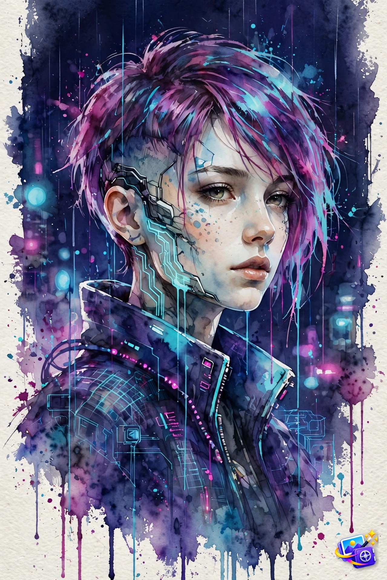 Cyberpunk 2080 watercolor portrait of a woman with neon cyan and magenta washes