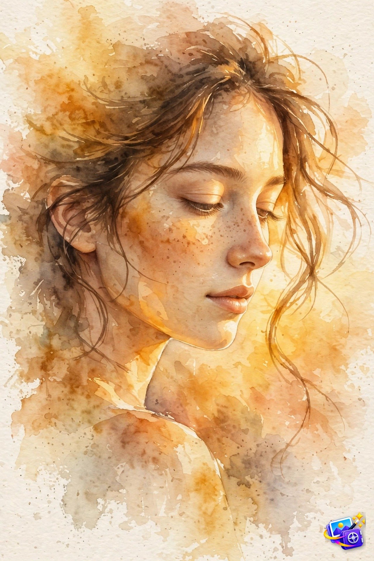 Watercolor portrait of a young woman in warm golden hour light with amber and peach washes, made with these watercolor portrait prompts