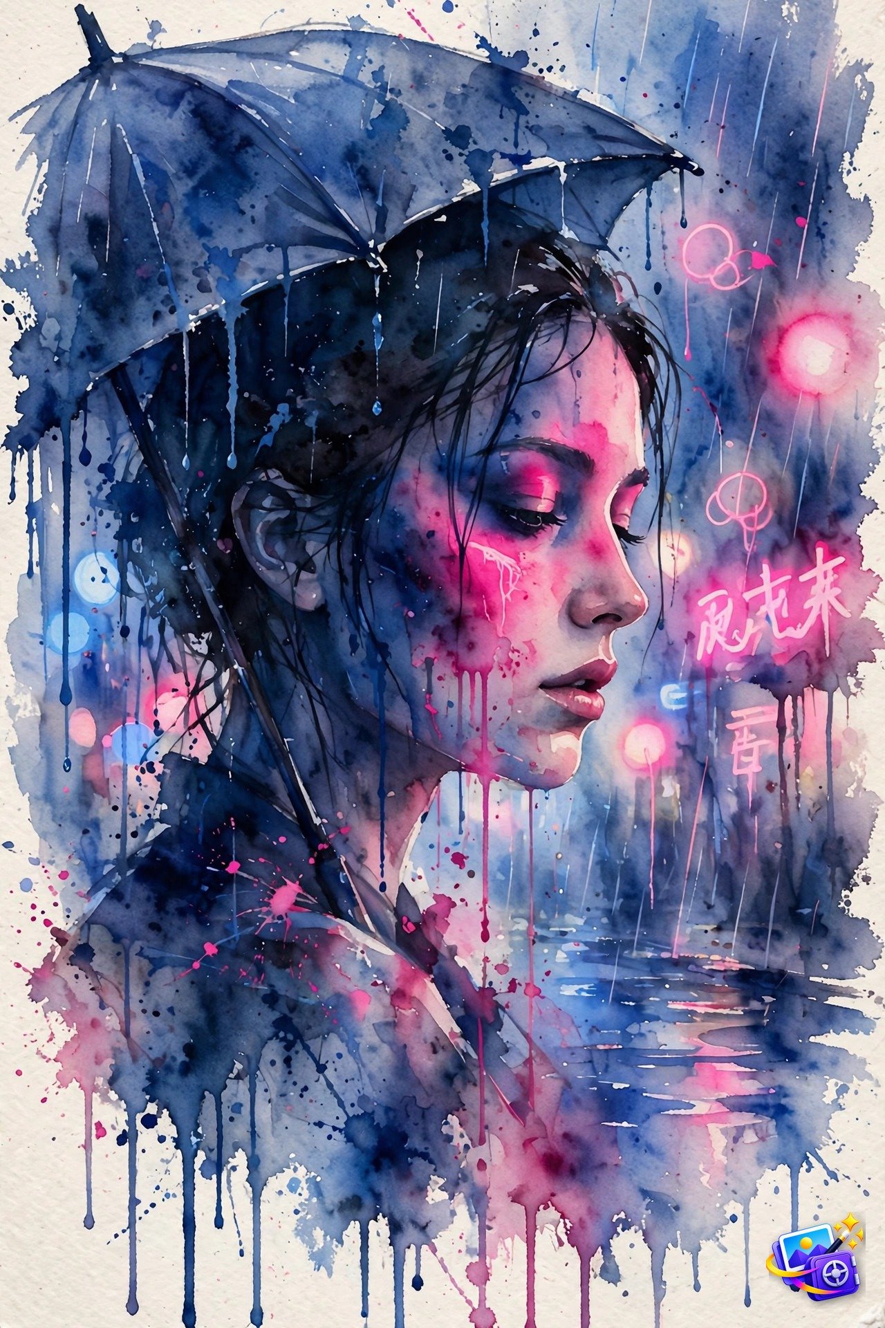 Neon noir watercolor portrait of a woman on a rainy night with glowing neon signs