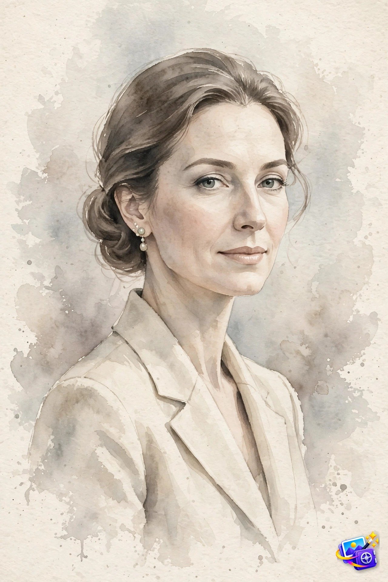 Elegant old money luxury watercolor portrait of a woman in ivory and taupe tones