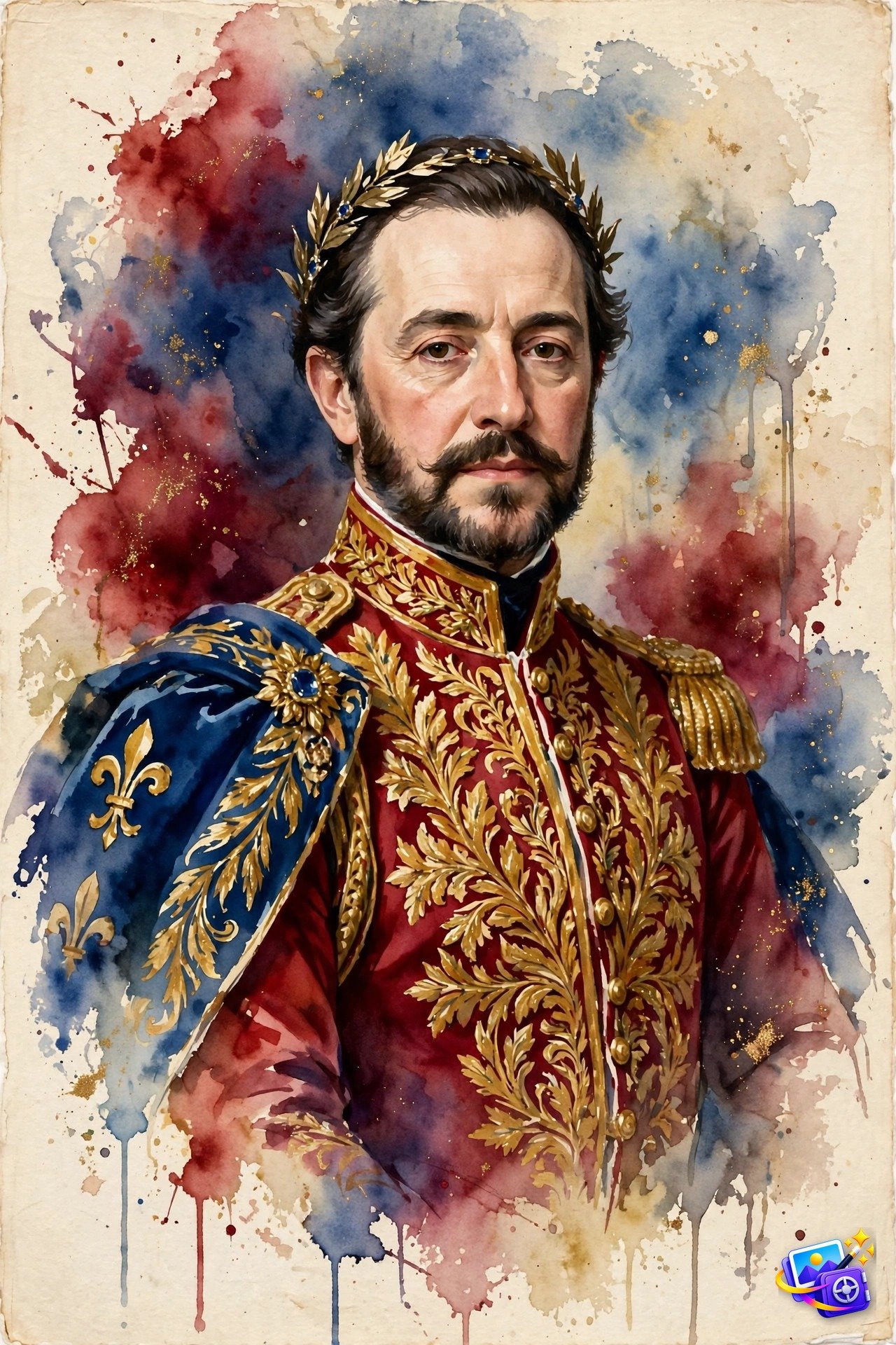 Regal royal watercolor portrait in ornate crimson and gold attire