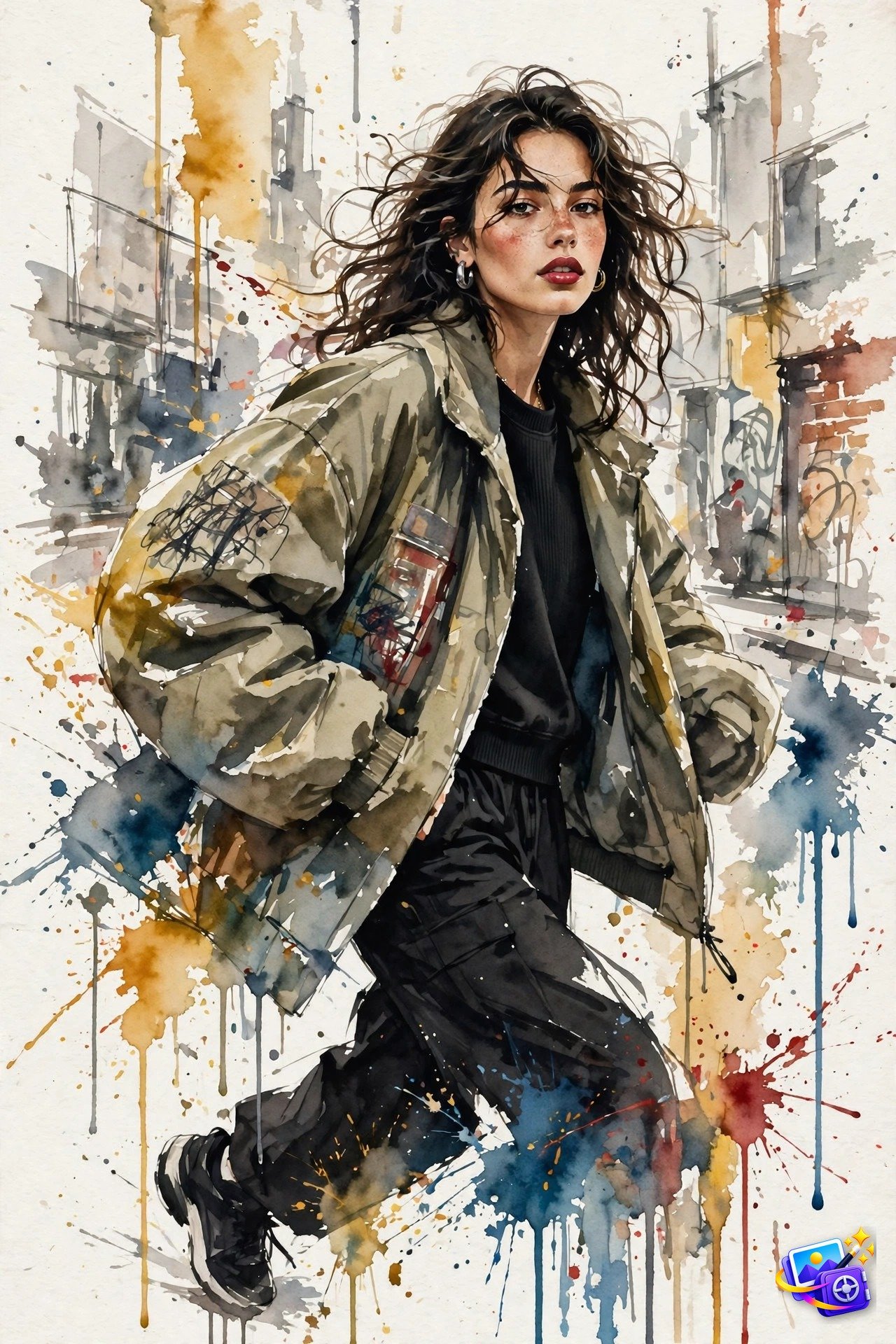 Street style fashion editorial watercolor portrait with bold paint splashes